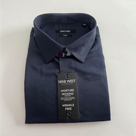 NINE WEST Men's Slim-Fit Wrinkle-Free Stretch DARK NAVY M (15-15 1/2) 32/33 - Picture 12 of 13